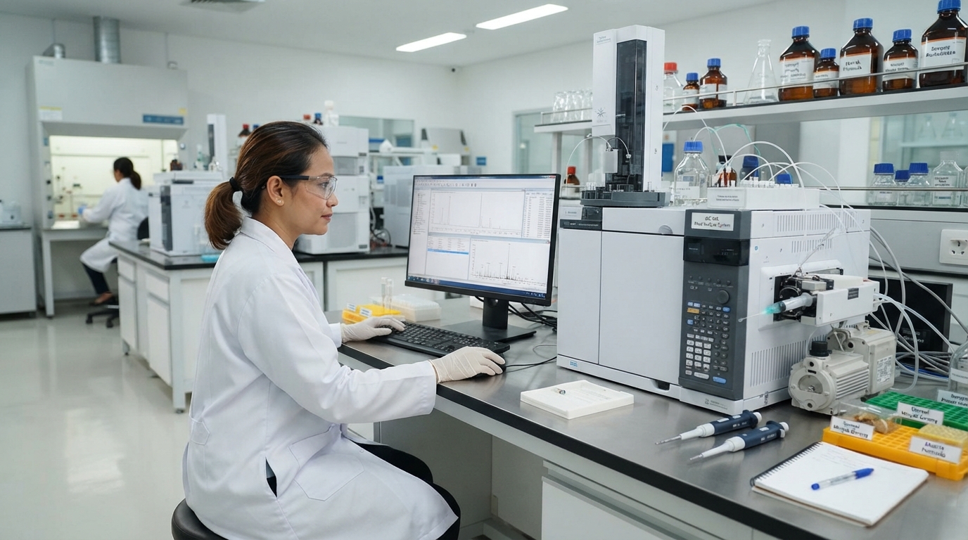 Analis laboratorium melakukan pengujian kromatografi untuk kontaminan minyak sawit